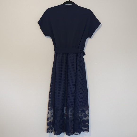 Navy Midi Dress Polka Dot Mesh Hem Detachable Belt Size M - Picture 7 of 15